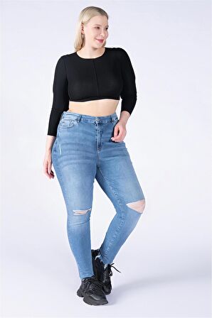 Büyük Beden Mavi Yüksek Bel Diz Lazer Skinny Jeans